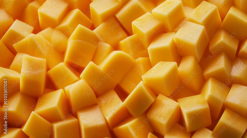 Diced mango cubes arranged neatly, enhancing their juicy appearance. Diced mango cubes arranged neatly, enhancing their juicy appearance.