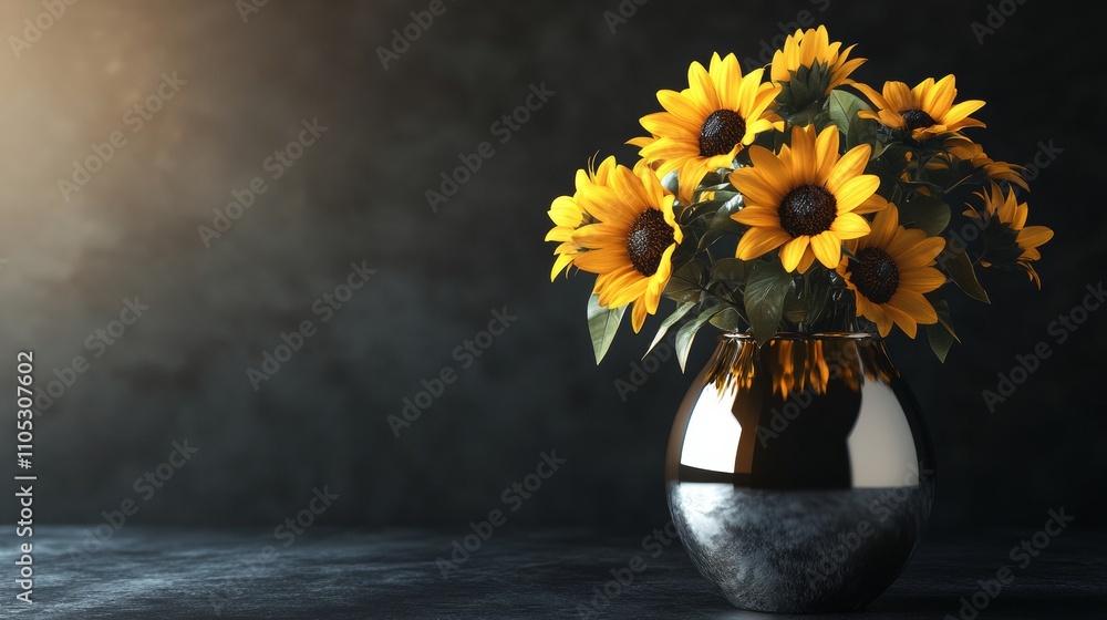 A sleek metallic vase with a bright sunflower arrangement against a dramatic dark background, perfect for home decor or still life photography inspiration Generative AI A sleek metallic vase with a bright sunflower arrangement against a dramatic dark background, perfect for home decor or still life photography inspiration Generative AI