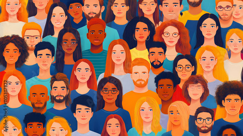Diverse Group of People's Faces Illustrated in a Seamless Pattern, Colorful Illustration of a Multiethnic Crowd, Digital Art for Inclusion and Diversity