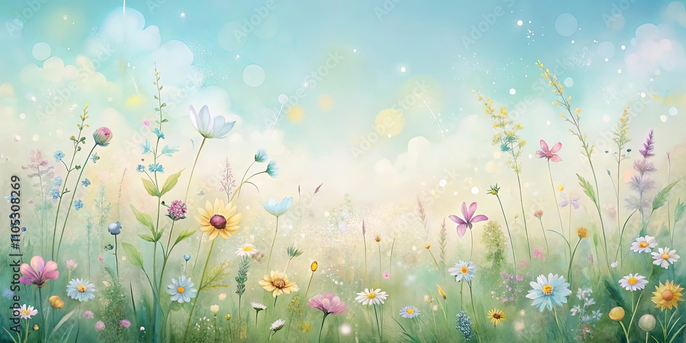 Obraz premium Serene Meadow Landscape A Whimsical Illustration of Delicate Wildflowers Under a Pastel Sky