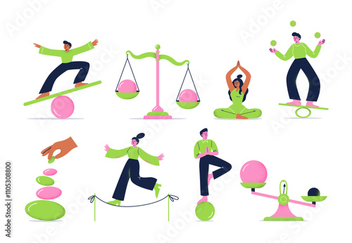 Characters stand balancing on a ball or rope. Balance stones and scales. Physical and mental balance concept. Flat vector illustrations isolated on a white background.