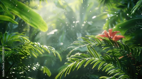 Jungle leaves, ferns, humid, Tropical ferns growing in a rainforest.