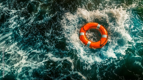 Bright lifebuoy centered among swirling ocean waves in motion.