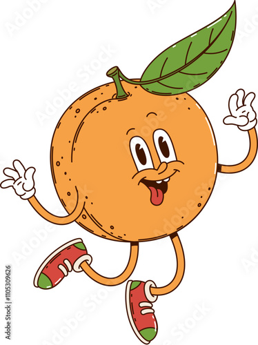 Cartoon groovy tropical orange or tangerine fruit character. Isolated vector mandarin citrus fruit personage jumping with happy, quirky and joyful expression, exudes funky and hippie summer vibe
