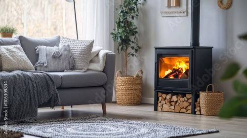 Wallpaper Mural A snug living room featuring a lit stove and comfy sofa. Torontodigital.ca