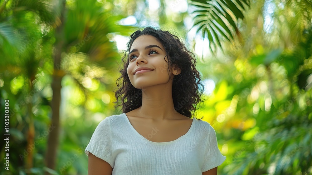 Woman smiling in lush greenery, light mood, natural light Woman smiling in lush greenery, light mood, natural light