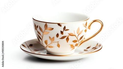 Elegant tea cup and saucer with golden leaf design, white isolate background