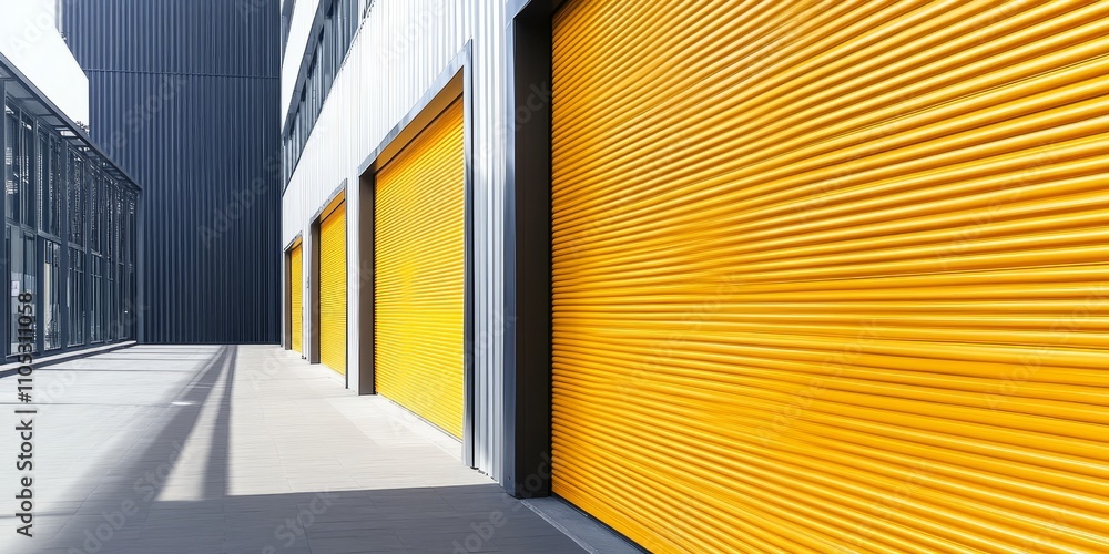 Fototapeta premium Yellow slide doors feature a unique roller shutter texture that enhances both functionality and aesthetic appeal. The vibrant yellow hue of the slide doors adds a stylish touch to any setting.