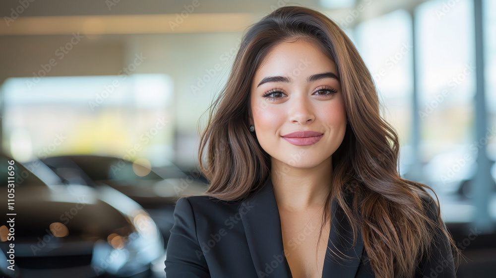 confident young woman smiling in car dealership setting confident young woman smiling in car dealership setting