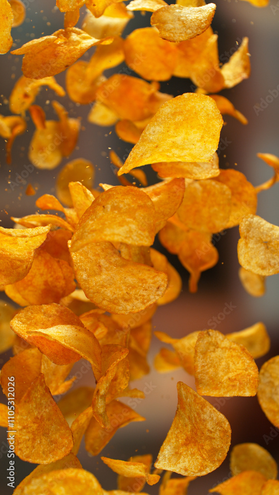 Freeze motion of flying fried potatoes chips on gradient yellow background Freeze motion of flying fried potatoes chips on gradient yellow background