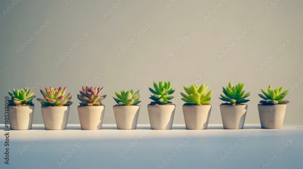 A row of vibrant potted succulents on a neutral background. A row of vibrant potted succulents on a neutral background.