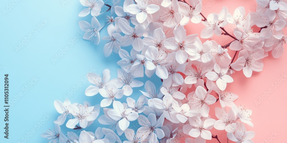 Obraz premium Pink and blue background adorned with white flowers creates a stunning visual. This pink blue background featuring white flowers brings a fresh and vibrant feel to any design.