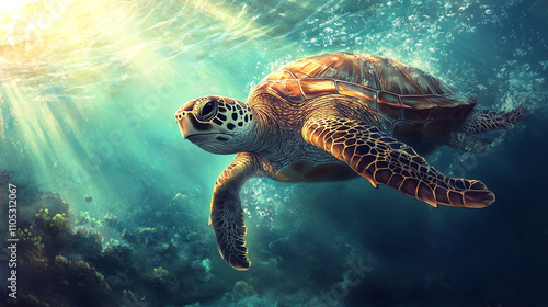 Turtle is swimming in the ocean with a group of people in the background. The scene is peaceful and serene, with the turtle being the main focus of the image