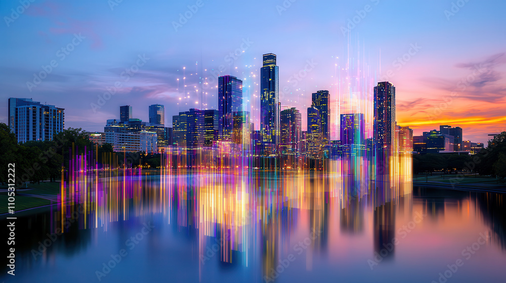 Fototapeta premium dynamic city skyline with futuristic holographic effect reflecting on water, showcasing vibrant colors and modern architecture at sunset