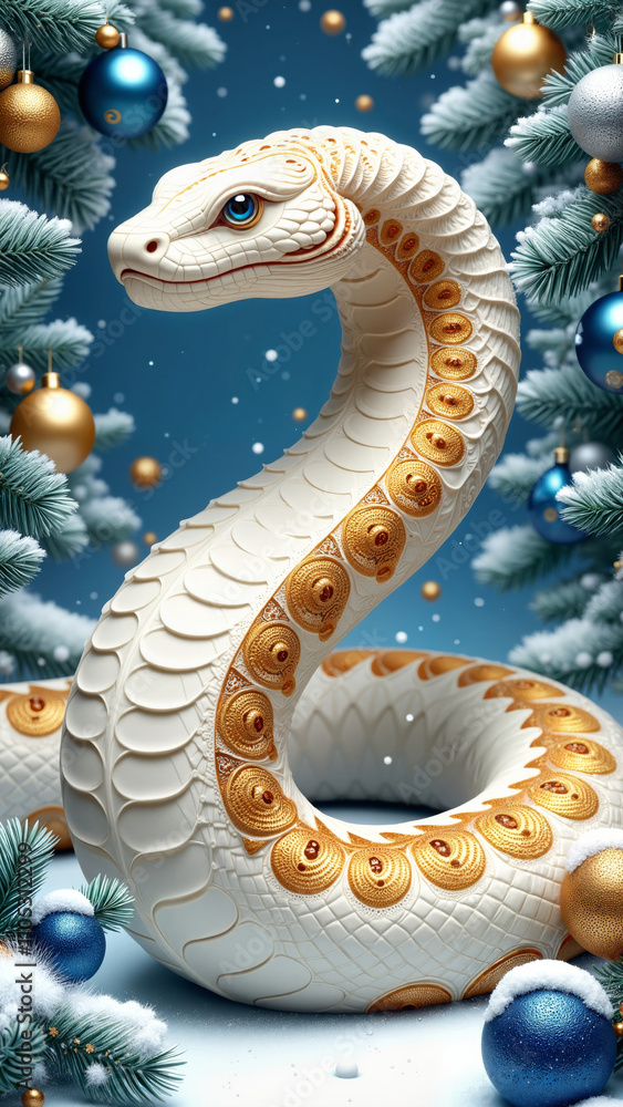 Snake a symbol of the year: White snake with golden accents in festive winter setting
Snake a symbol of the year: White snake with golden accents in festive winter setting
