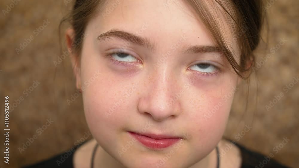 Portrait cute young girl with large gray eyes at home. Close up adorable child with big gray eyes indoors. Sweet little girl with striking gray eyes inside her home Portrait cute young girl with large gray eyes at home. Close up adorable child with big gray eyes indoors. Sweet little girl with striking gray eyes inside her home