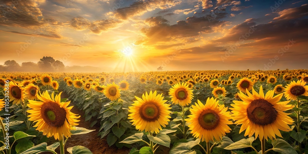 Obraz premium Golden hour sun rays illuminate a vast field of sunflowers at dawn