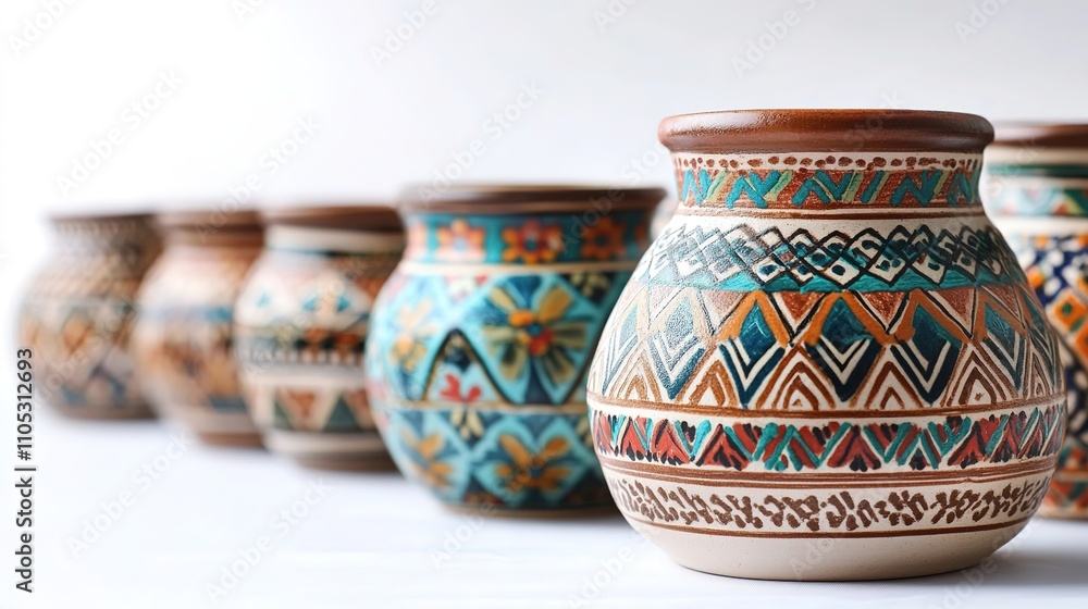 Row of ceramic pots with traditional patterns Row of ceramic pots with traditional patterns