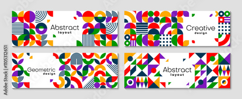 Business banners with abstract modern geometric Bauhaus pattern. Company business presentation, corporate promotion vector horizontal banner or poster with contemporary geometric colorful background