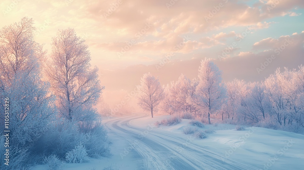 Winter wonderland scenic view of frosty trees along snowy road at sunrise in nature landscape Winter wonderland scenic view of frosty trees along snowy road at sunrise in nature landscape