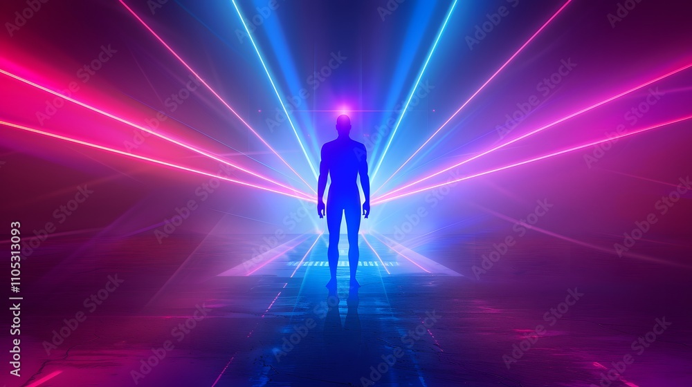 Silhouette Figure Illuminated by Neon Laser Beams Silhouette Figure Illuminated by Neon Laser Beams