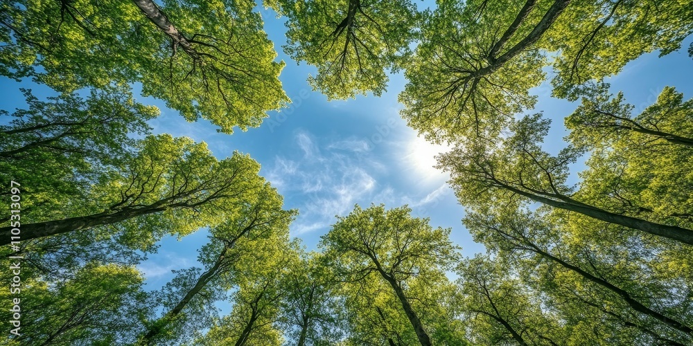 Fototapeta premium Majestic trees rise against a vibrant blue sky, showcasing the beauty of trees in nature, creating a stunning contrast that highlights the serene presence of trees under the bright sky.