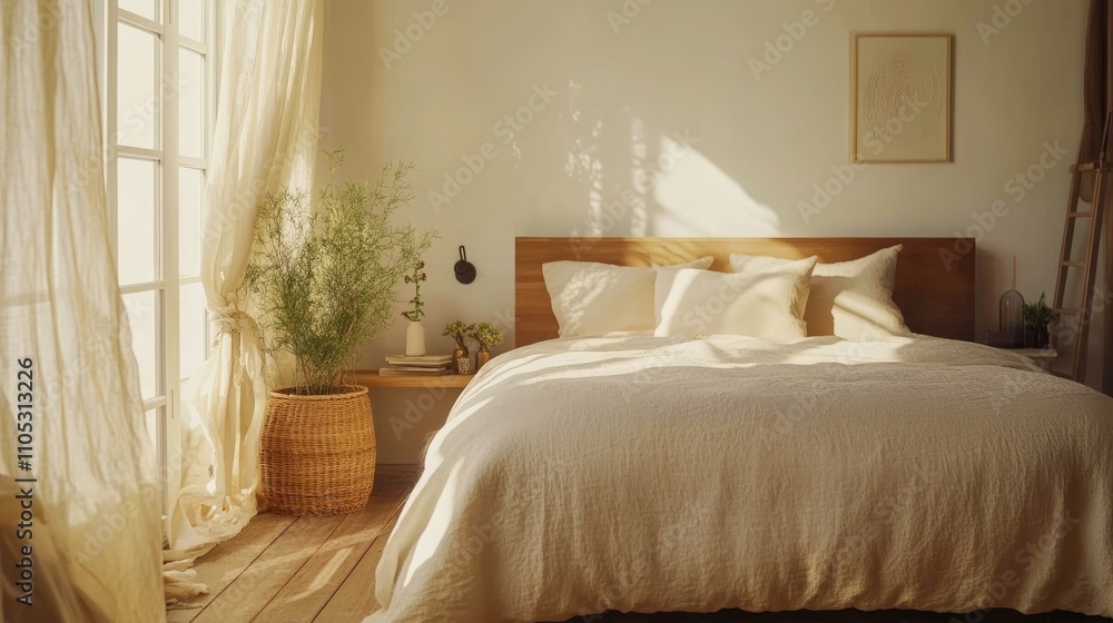 Bright bedroom with natural light and simple elegant decor. Bright bedroom with natural light and simple elegant decor.