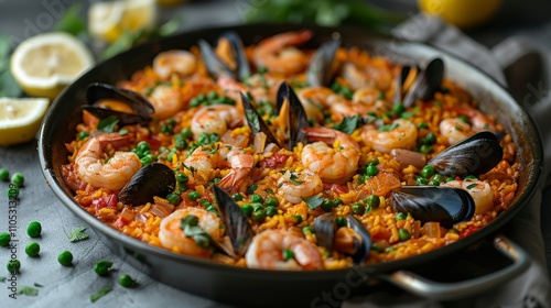 Vibrant Mixed Seafood Paella in Traditional Paella Pan, Perfect for Culinary and Foodie Stock Generative AI