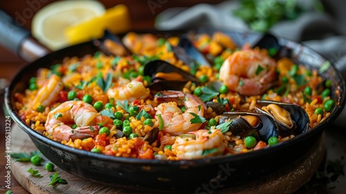 Vibrant Mixed Seafood Paella in Traditional Paella Pan, Perfect for Culinary and Foodie Stock Generative AI