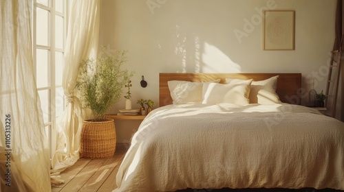 Bright bedroom with natural light and simple elegant decor.