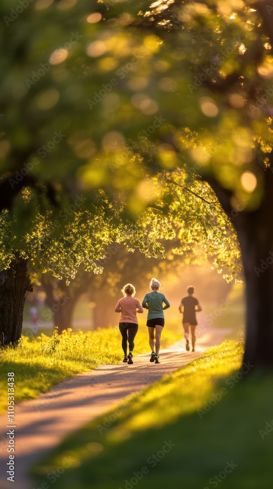 Obraz premium Active older couple jogging in green park with fitness trackers