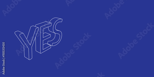 The outline of a large yes symbol made of white lines on the left. 3D view of the object in perspective. Vector illustration on indigo background