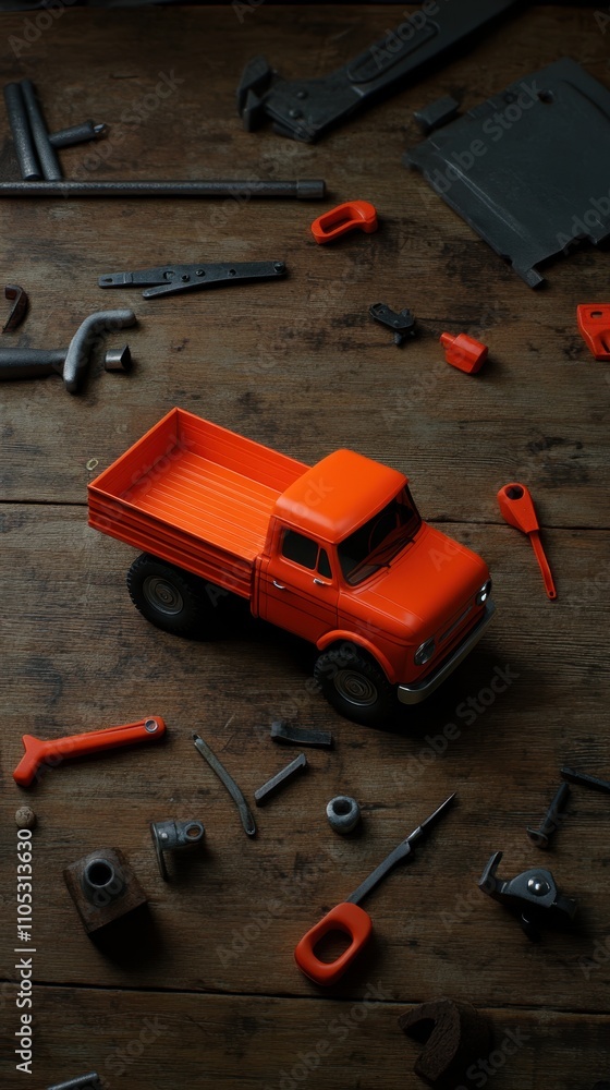 Fototapeta premium Orange Toy Truck Surrounded by Disassembled Parts on Rustic Wooden Tabletop