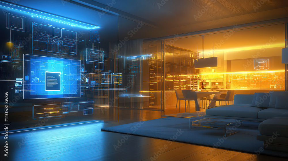 futuristic smart home interior featuring holographic displays and ambient lighting creates modern and innovative atmosphere. sleek design enhances living space appeal futuristic smart home interior featuring holographic displays and ambient lighting creates modern and innovative atmosphere. sleek design enhances living space appeal