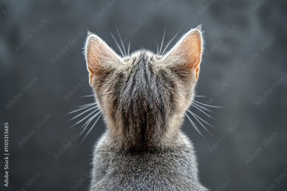 Obraz premium Cat Looking Back. British Shorthair Summing Up with a Beautiful Closeup on Grey Background