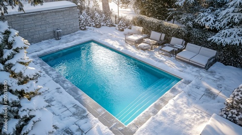 A snow-covered pool area with ice-cold water reflecting bright light.