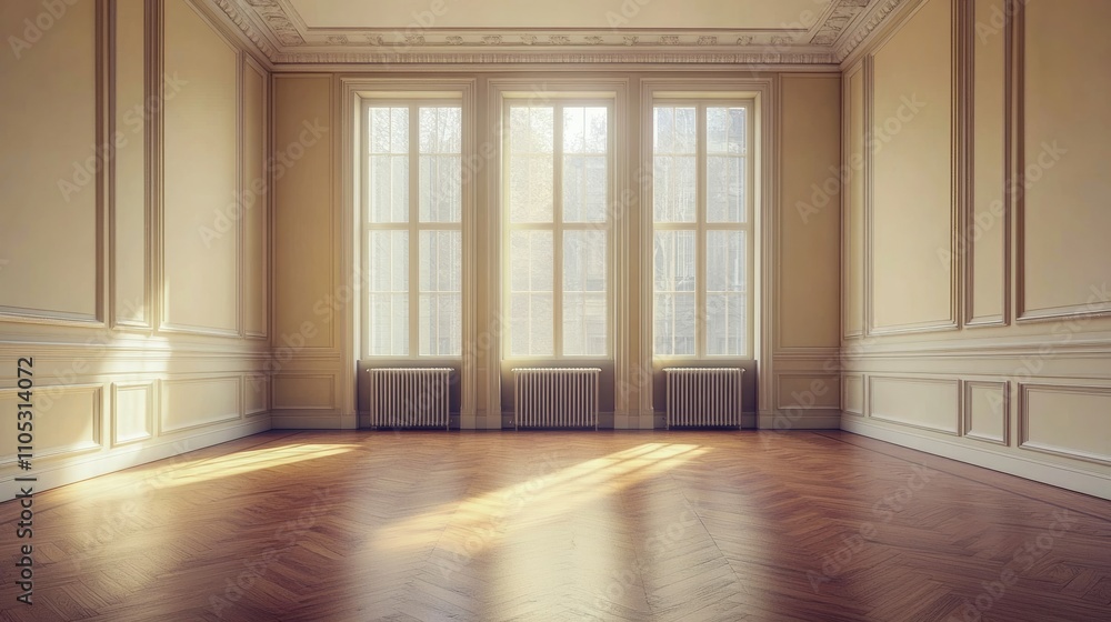 Fototapeta premium Sunlit spacious room with elegant windows and herringbone floor.