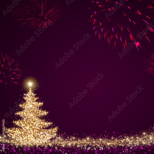Happy New Year and Christmas background with golden fir tree and fireworks.