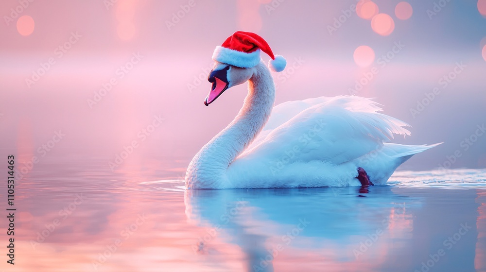 Fototapeta premium Majestic Swan in Santa Hat on Shimmering Pond with Soft Pastel Background