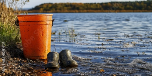 Bucket of disinfectant placed at a lough for fishermen to clean their boots, feet, nets, and equipment, helping to prevent the spread of zebra mussels effectively. photo