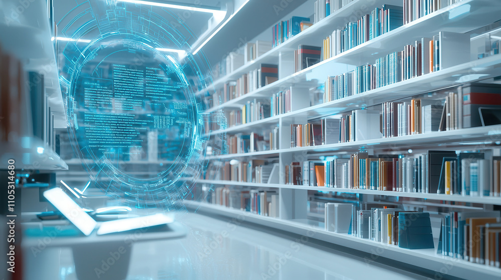 Obraz premium large futuristic library featuring morphing shelves filled with books, illuminated by soft blue lighting. advanced technology enhances reading experience