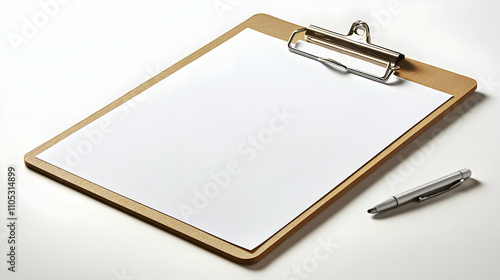 Wallpaper Mural A Wooden Clipboard with a Blank White Paper Sheet and a Silver Pen on a White Surface, Ready for Writing and Taking Notes Torontodigital.ca