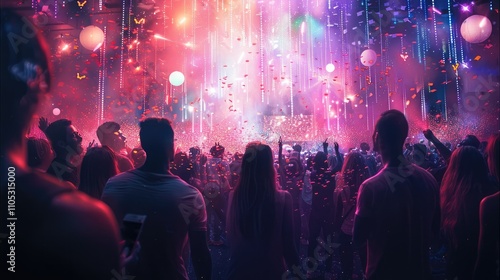 Gloomy crowd having fun at a night club party with confetti and colorful lights.