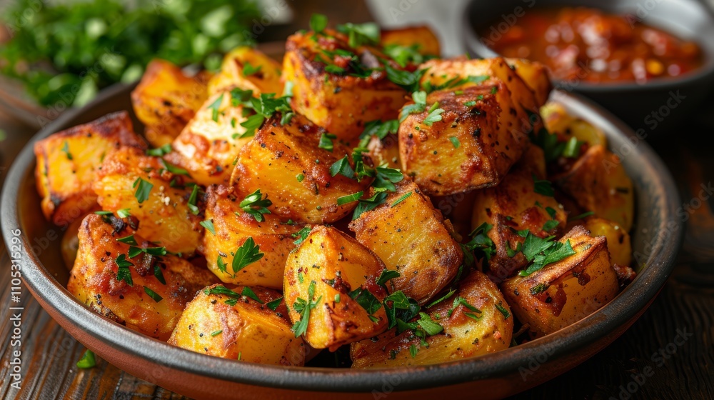 Vibrant Plate of Patatas Bravas with Golden Crust and Fresh Parsley Garnish, Perfect for Spanish Tapas Restaurant or Food Blog Generative AI Vibrant Plate of Patatas Bravas with Golden Crust and Fresh Parsley Garnish, Perfect for Spanish Tapas Restaurant or Food Blog Generative AI