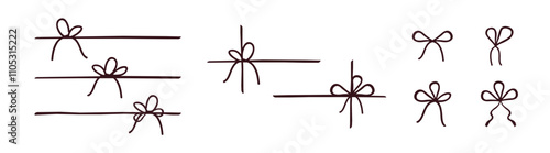 Bow gift ribbon line simple element set. Hand drawn doodle stroke ribbon bow, vector illustration set.