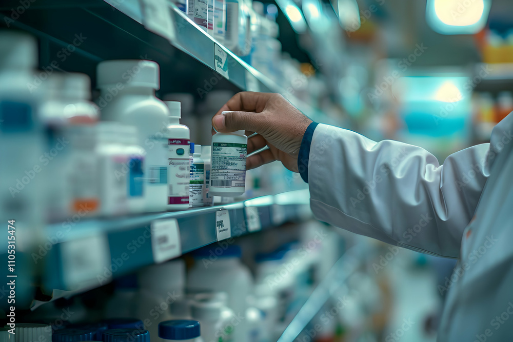 Pharmacist Carefully Selects Medication from a Pharmacy Shelf, Checking Labels Before Dispensing, Ensuring Accuracy in Healthcare. Pharmacist Carefully Selects Medication from a Pharmacy Shelf, Checking Labels Before Dispensing, Ensuring Accuracy in Healthcare.