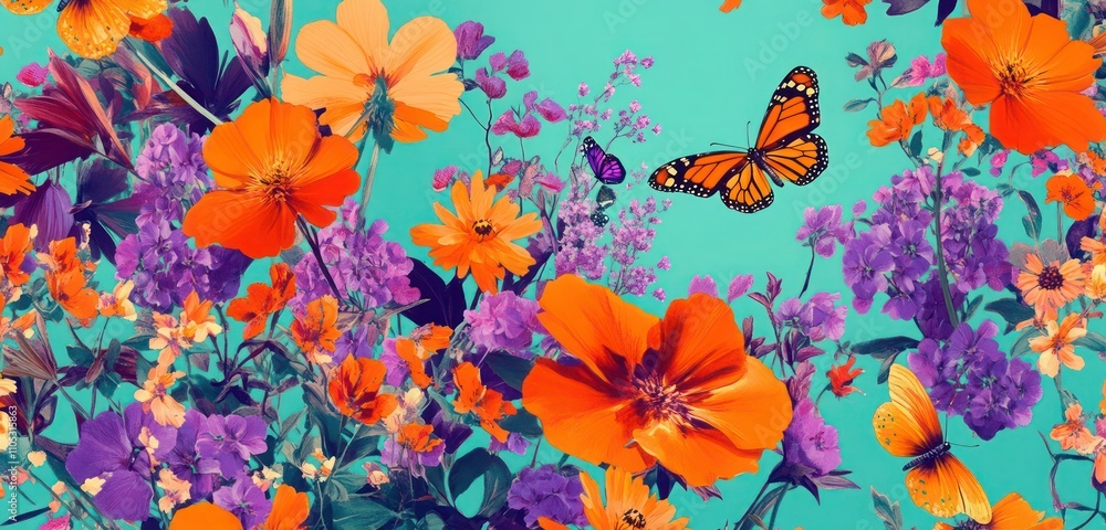 A bright floral pattern with wildflowers and butterflies in vivid orange and purple hues, on a soft teal backdrop. A bright floral pattern with wildflowers and butterflies in vivid orange and purple hues, on a soft teal backdrop.