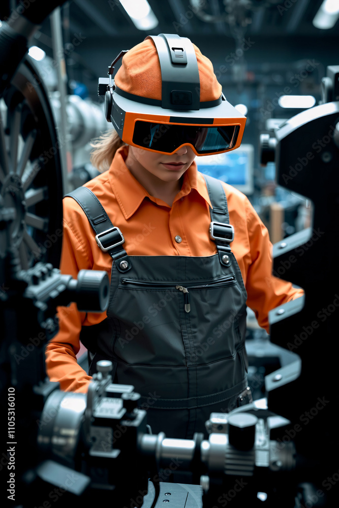 Futuristic mechanic in overalls with an orange AR visor, examining machine parts Futuristic mechanic in overalls with an orange AR visor, examining machine parts