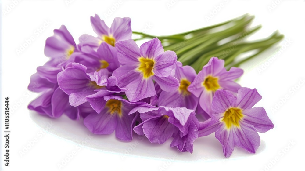 Obraz premium A cluster of purple flowers with yellow centers on a white base.