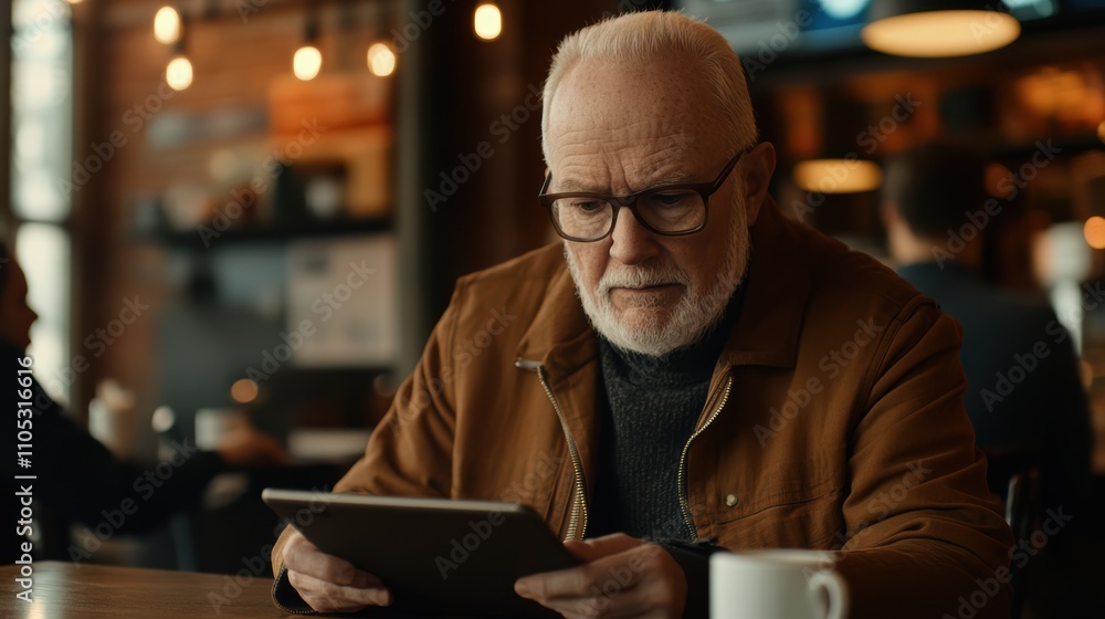 Older man using tablet in modern caf with soft bokeh background Older man using tablet in modern caf with soft bokeh background